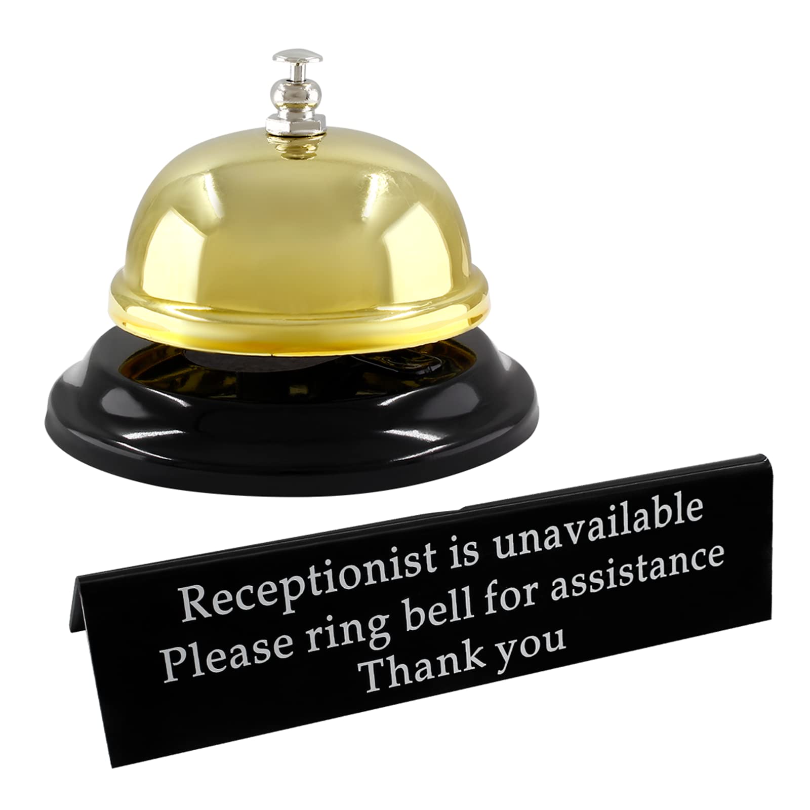 Photo 1 of BokWin 1 Set Front Counter Bell Metal Call Bell Desk Service Dinner Bell with Double-Side Sign for Hotel Kitchen Restaurants Office Hospital(Gold)