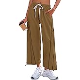 Fisoew Womens Baggy Wide Leg Pants Casual Elastic Waist Drawstring Hiking Workout Cropped Track Pants with Pockets