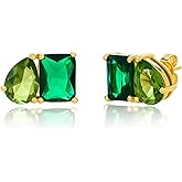 Amazon Essentials 14K Gold-Plated May Birthstone Two-Toned Stud Earrings with Secure Pushbacks, Emerald Color Earrings