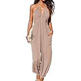 CUPSHE Women's Plunge Halter Sleeveless Pleated Long Romper Knit Jogger Maxi Jumpsuit with Pockets