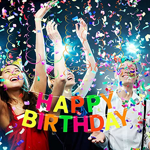 Neon Birthday Party Supplies 52 Pieces Glow Neon Party Decorations for Adults Kids,12 Inch Blacklight Party Balloons and Neon Paper Garland Banner,Cake Toppers,Table Cards,Silicone Wristbands