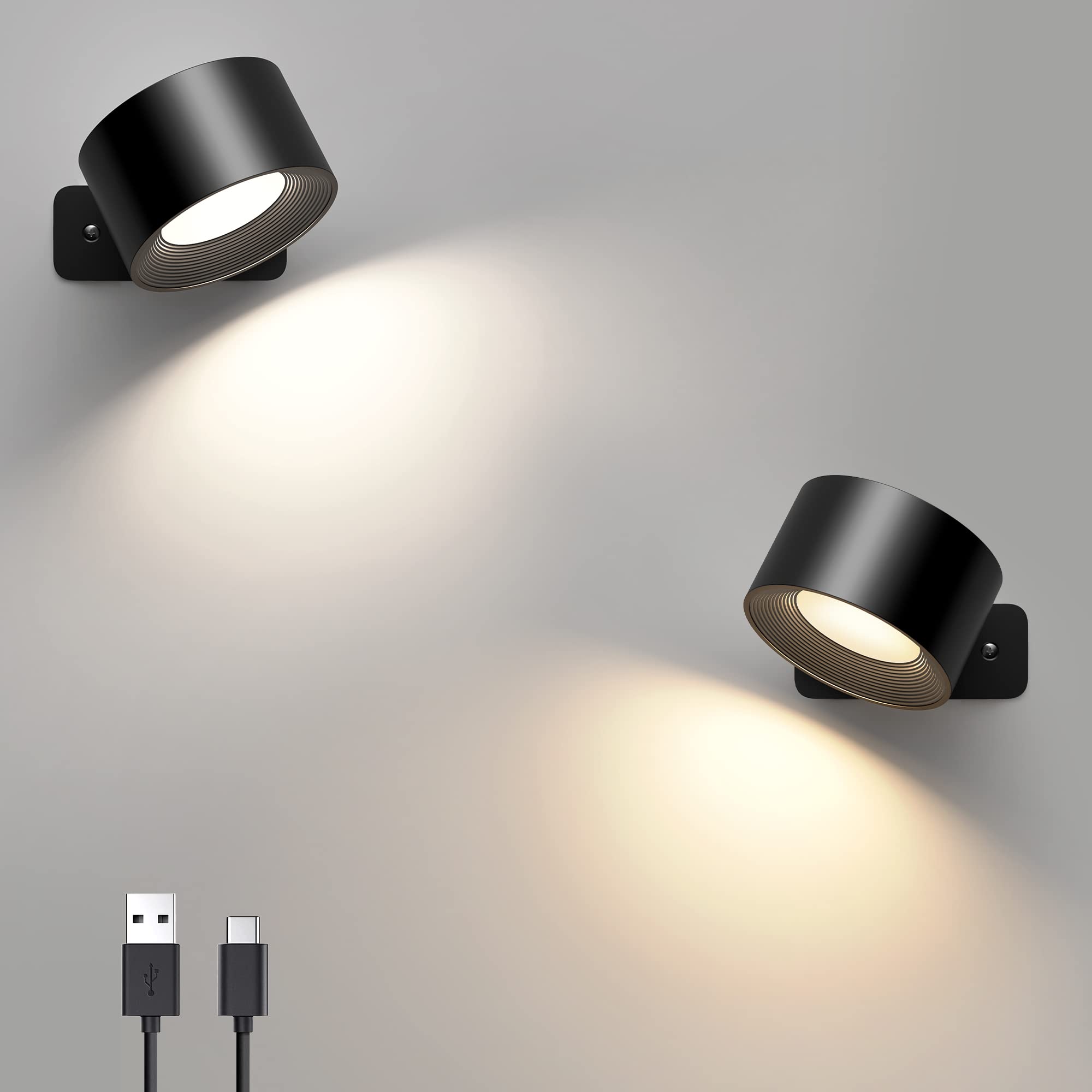 Mexllex 2PCS LED Wall Light, Rechargeable LED Wall Lamps, 3 Brightness Levels 3 Colour Modes Wireless Sitck on Lights, 360° Rotatable Touch Control, Reading Lights Bedroom Night Lights Black