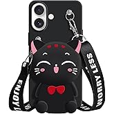 SGVAHY Wallet Case for iPhone 16 Plus with Strap Lanyard Cute Cat Black Coin Purse Funny Phone Case Kawaii Soft Silicone Shockproof Cover for Women Girls