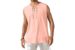 KUYIGO Men's Cotton Linen Tank Top Shirts Casual Sleeveless Lace Up Beach Hippie Tops