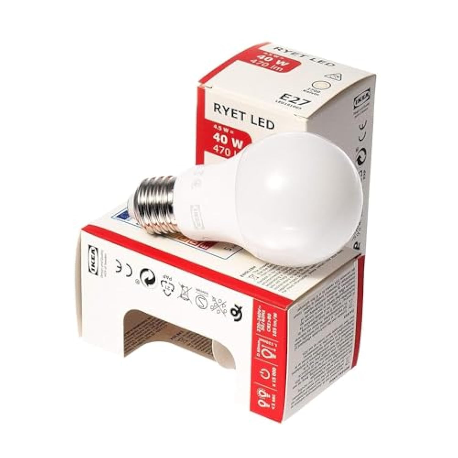 Ikea RYET E27 ES Edison Screw LED Bulbs, 470lm 40W Replacement, 4.5W, 2700K Warm White, Opal Frosted, 204.387.07 - Set of 2