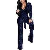 JTNFairy Sexy Sequin Jumpsuits for Women Plus Size Elegant Clubwear Sparkly High Waisted Wide Leg Pant Disco Outfits