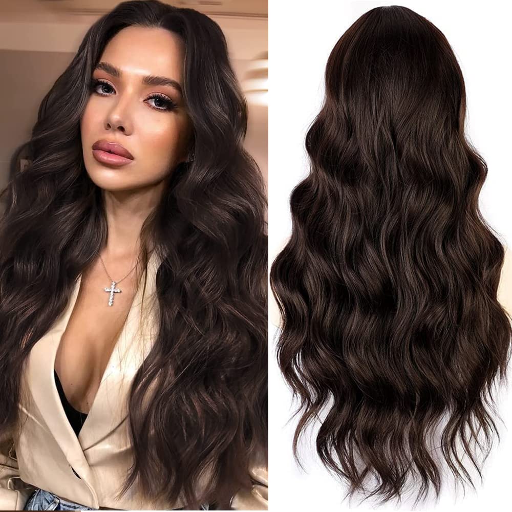 PORSMEER Long Wigs for Women Natural Curly Wavy Synthetic Hair with Middle Part Full Wigs for Everyday Party Cosplay Daily Dark Brown Color โ image 1