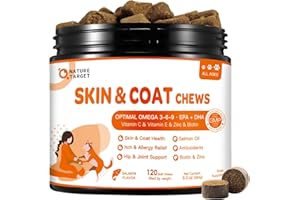 NATURE TARGET Omega 3 Fish Oil for Dogs, Salmon Oil Skin and Coat Supplement for Dogs Itchy Skin Relief with Omega 3-6-9 (EPA & DHA), Zinc, Biotin and Vitamin E & C - 120 Salmon Flavored Soft Chews