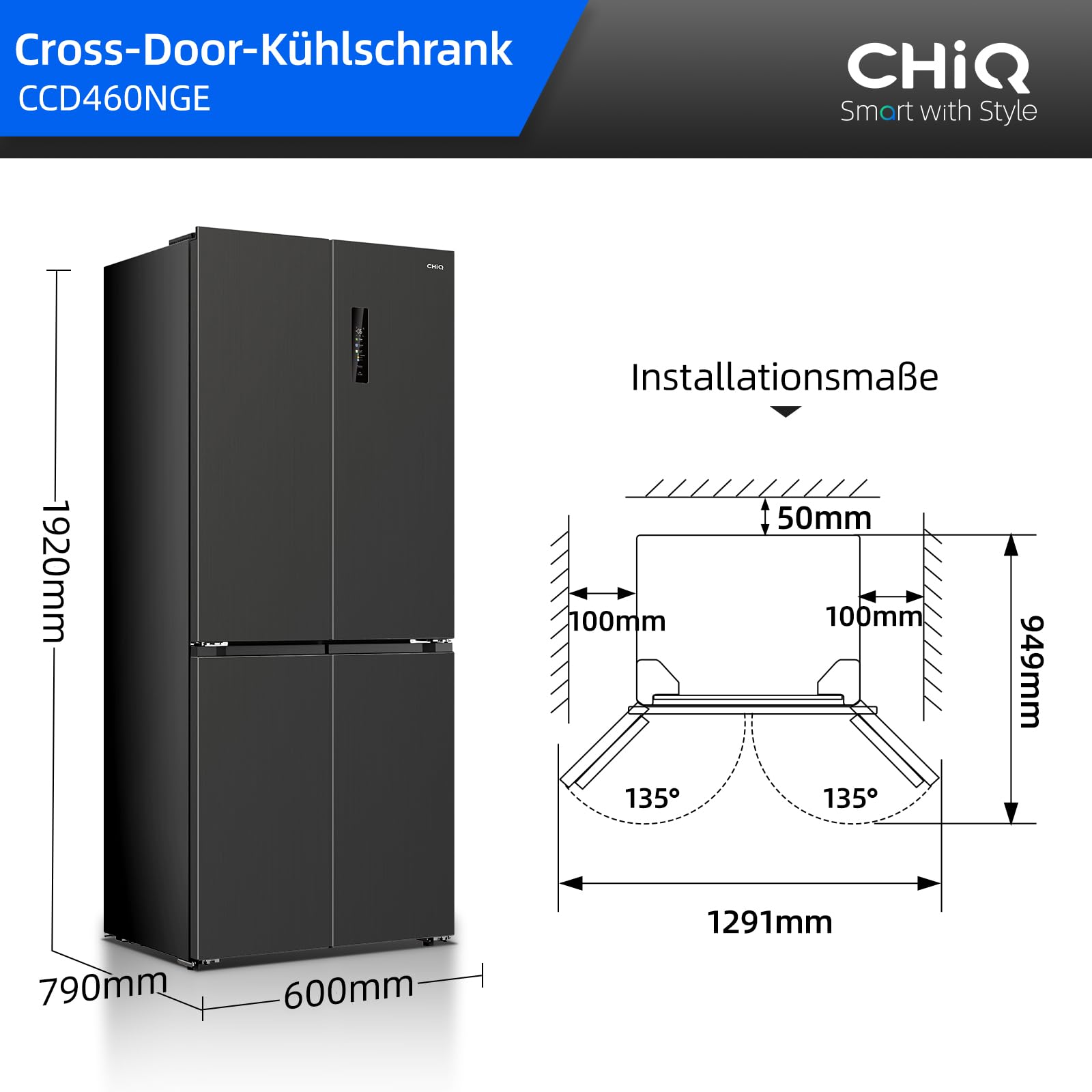 CHiQ Cross Door Kühlschrank, No Frost, 458L JustFit, MultiAirflow-System 2