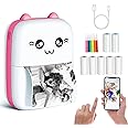 Mini Sticker Printer, Portable Thermal Printer with 7 Rolls Paper, Bluetooth Inkless Smart Printer Compatible with iOS & Android, Free Cut Small Pocket Printer for Notes, Pictures, Label, Memo (Pink)