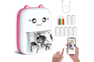 CARPOWER Mini Sticker Printer, Portable Thermal Printer with 7 Rolls Paper, Bluetooth Inkless Smart Printer Compatible with iOS & Android, Free Cut Small Pocket Printer for Notes, Pictures, Label, Memo (Pink)