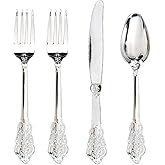 WDF 200 Pieces Silver Plastic Silverware Disposable - 50Guests Silverware Plastic Cutlery - Disposable Utensils Includes 100 Forks, 50 Spoons, 50 Knives Perfect for Christmas Wedding or Party