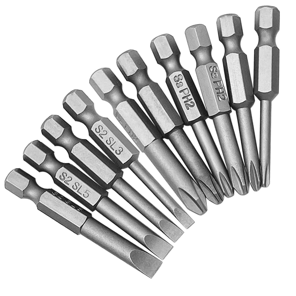 Saipor 10Pcs Magnetic Screwdriver Bit Sets 1/4 Inch Hex Shank Flat Slotted + Phillips Cross Head Screw Driver S2 Steel Drive Drill Bits for Electric Screwdrivers (2 inch/50mm Length)