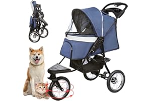 LPOTIUS Pet Stroller, NO-Zip Dog Stroller for Medium Large Dogs and Cats, Zipperless Folding Dog Cat Cage Jogger Stroller with Cup Holder and Storage Basket, 3 Wheels, Blue