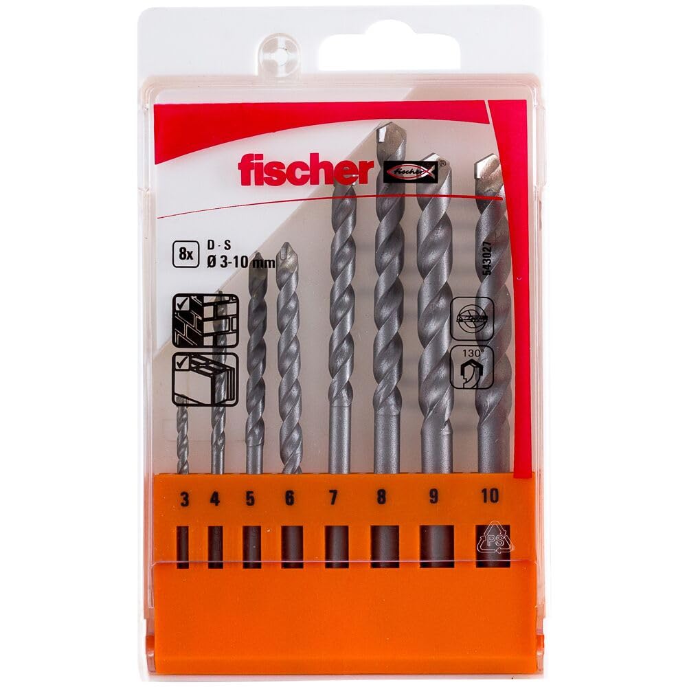 fischer Masonry Drill Bit Set, 3-10 mm Diameter, Drill Bits Set with Various Sizes, Tool for Drilling in Masonry & Natural Stone, Pack of 8