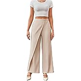 WDIRARA Women's Wrap Front Wide Leg Long Pants Elastic Waist Solid Loose Trousers