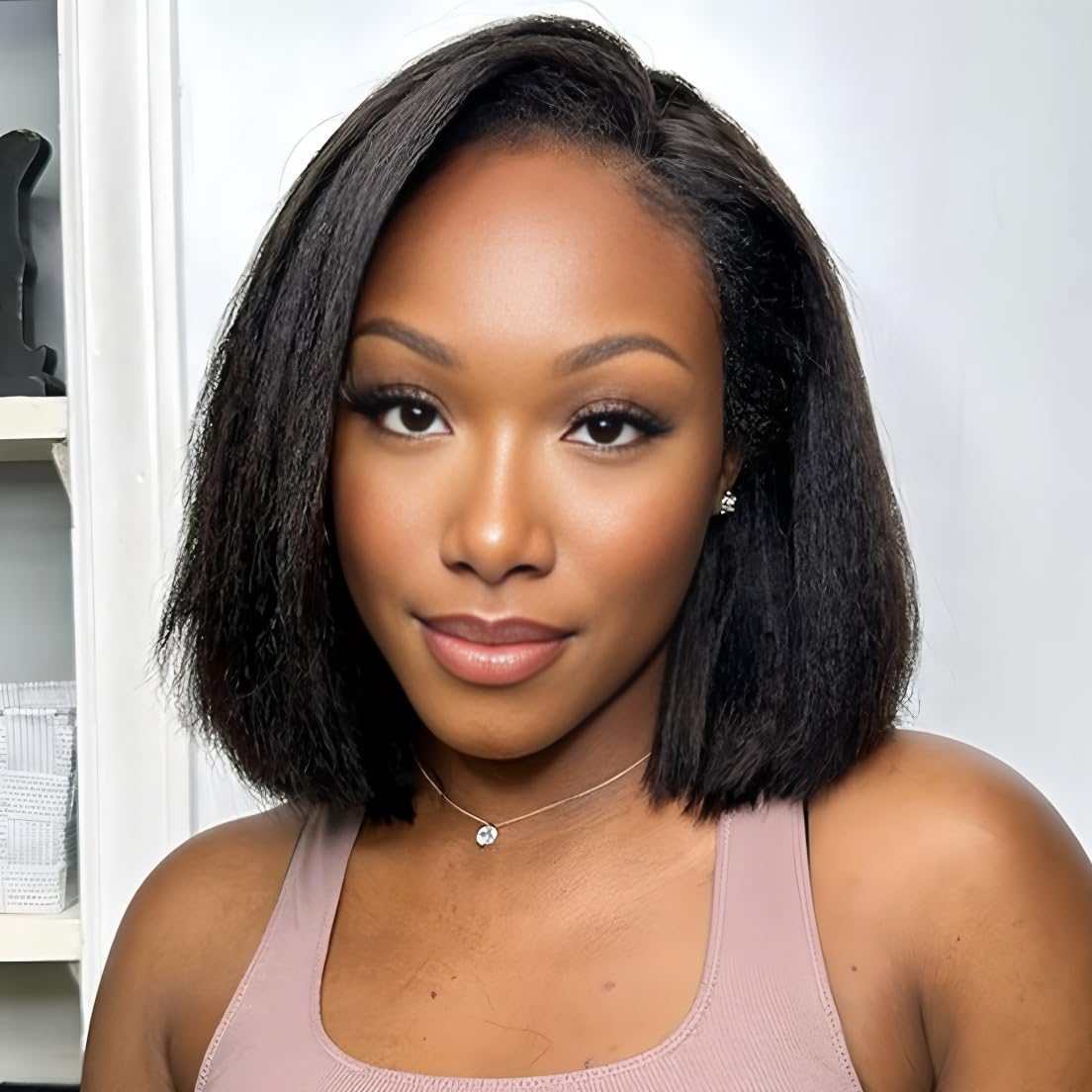Wear and Go Glueless Wigs Human Hair Yaki Straight Bob Wigs for Black Women Human Hair Pre Plucked Pre Cut 4x4 HD Lace Front Wig 180% Density 12 Inch. — image 1