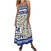 SOLY HUX Women's Sundress Graphic Print Color Block Spaghetti Strap Flowy Summer Long Cami Dress