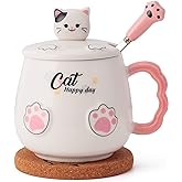 Bgbg Cute Cat Mug, Novelty Ceramic Coffee Tea Milk Cup with Lovely Kitty Lid, Kawaii Claw Spoon, Anime Coaster, Novelty Things Birthday Christmas Gift for Cat Lovers Women Her, 14 oz, White