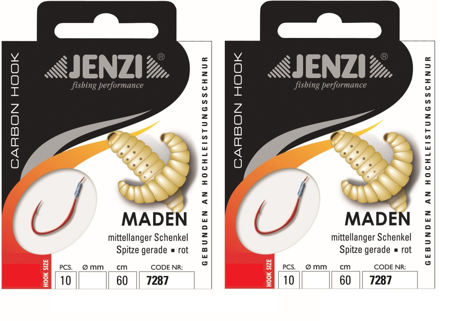 Set: 2 packs of tied maggot hooks by Jenzi, (20 pieces) on mono cord 60 cm, hook size 10, 12, 14 & 16 leader ready + free Petri Heil! sticker (hook size 12)