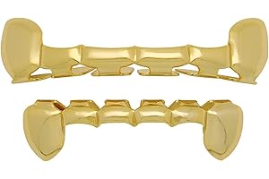 The Bling Factory 24k Gold Plated Half Teeth Removable Top & Bottom Teeth Grillz Set + Polishing Cloth