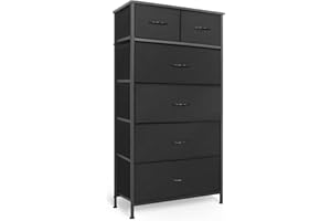 Mifuro Tall Dresser for Bedroom, Vertical Storage Organizer Tower with 6 Drawers, Chest of Drawers with Fabric Bins, Steel Frame, Wood Top for Bedroom, Closet, Entryway- Black