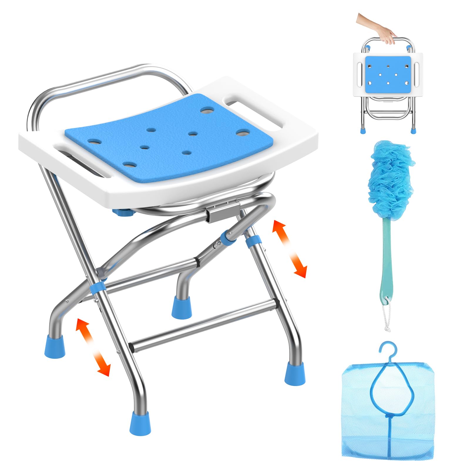 Photo 1 of UGarden Height Adjustable Folding Shower Chair Seat, Stainless Steel Shower Chair for Inside Shower w/Crossbar, 420LB Portable Travel Shower Stool, Safety Anti-Slip Bath Chair for Seniors,White