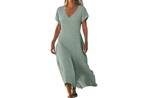 Frostluinai Eyelet Dresses for Women Summer Short Sleeve V Neck Maxi Dress Loose Comfy Flowy Swing Beach Sundress