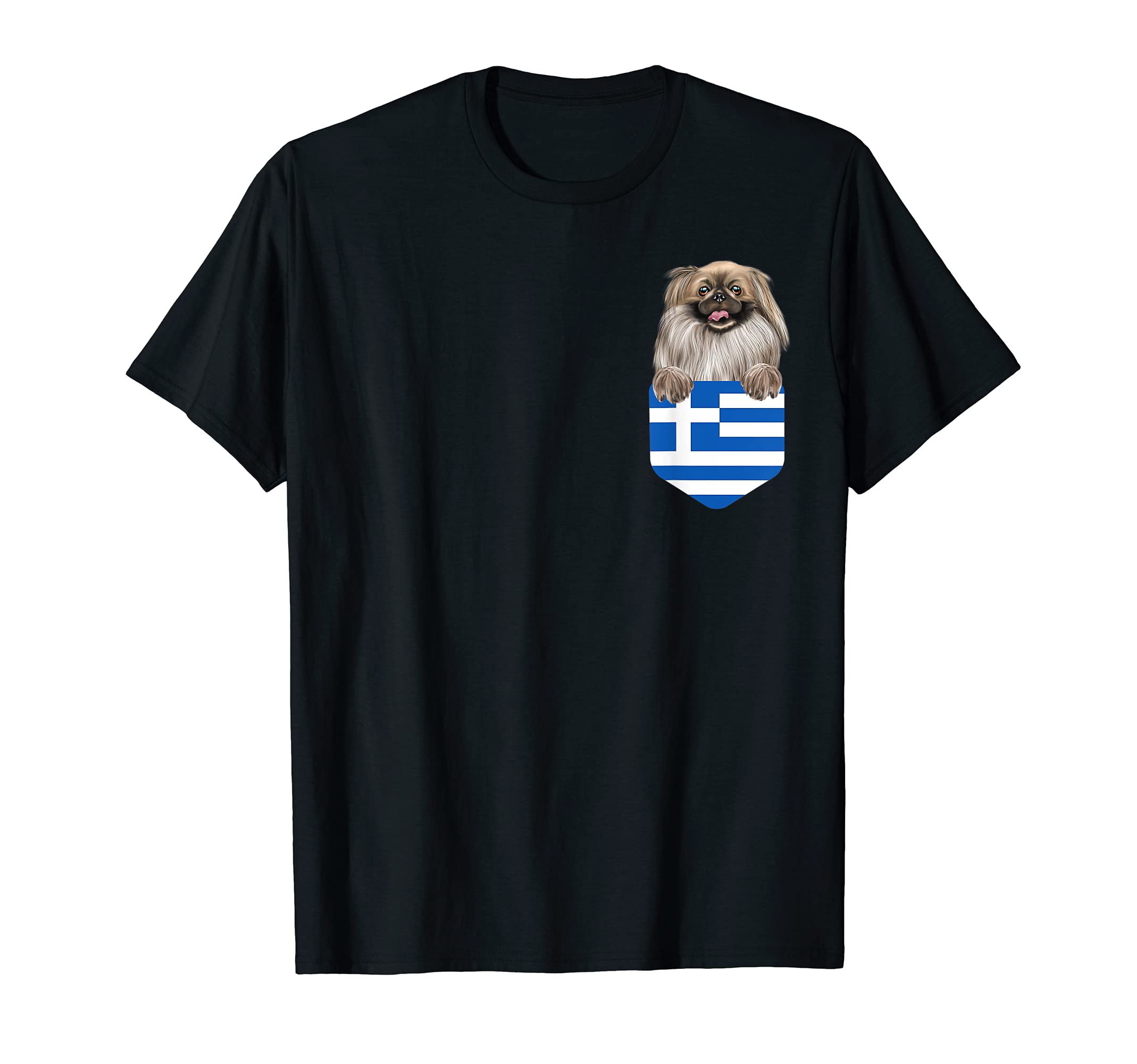 Greece Flag Pekingese Dog In Pocket T-Shirt
