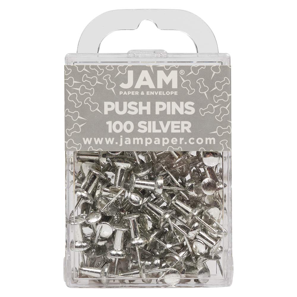 JAM PAPER Colourful Push Pins - Silver Pushpins - 100/Pack