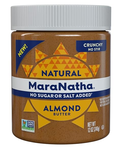 MARANATHA NATURAL CRUNCHY ALMOND BUTTER, NO STIR, NO SUGAR OR SALT ADDED , 12 OUNCE JAR