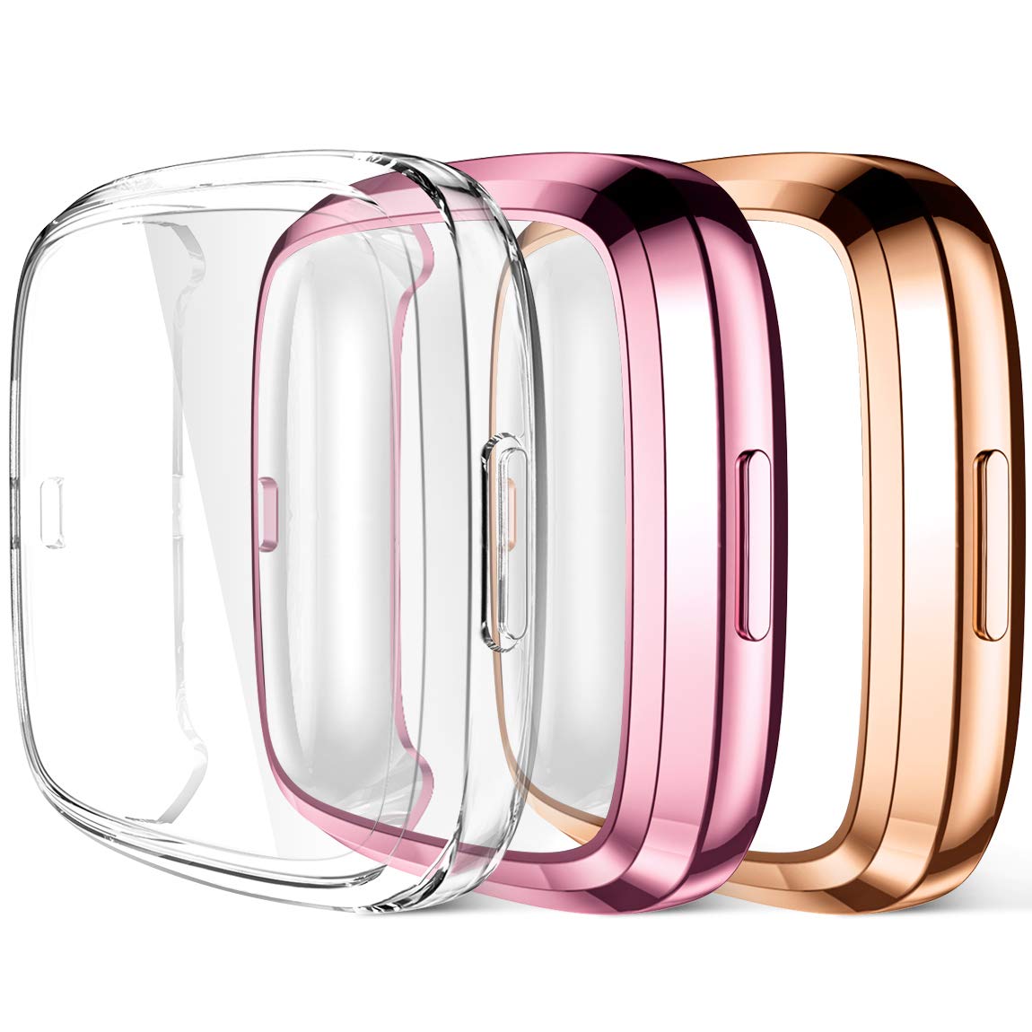 Maledan Compatible with Fitbit Versa 2 Screen Protector Case, Ultra Thin Full Protective Case Cover for Versa 2 Smartwatch Bands Accessories, 3 Pack Clear/Rose Pink/Rose Gold