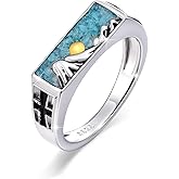 Turquoise Ring for Men 925 Sterling Silver Mountain Turquoise Ring with Cross Size 10 Non-Adjustable Natural Stone Native American Style Jewelry Gift for Him 7mm Width