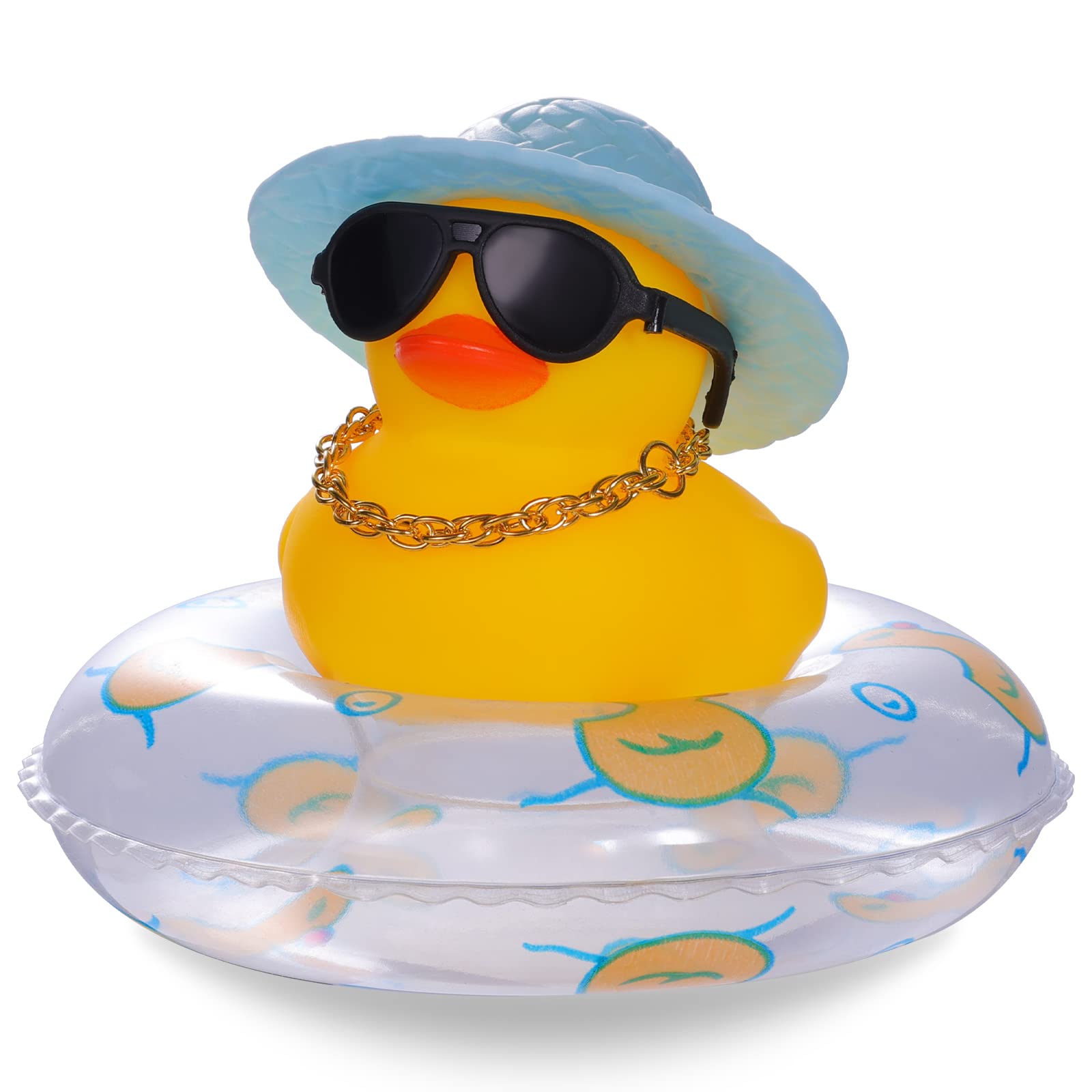 LUTER 1PC Rubber Duck Car Duck Decoration Dashboard, Little Yellow Rubber Duck with Gold Chain Hats and Donut Sunglasses for Car Office Bedroom Desk Decoration