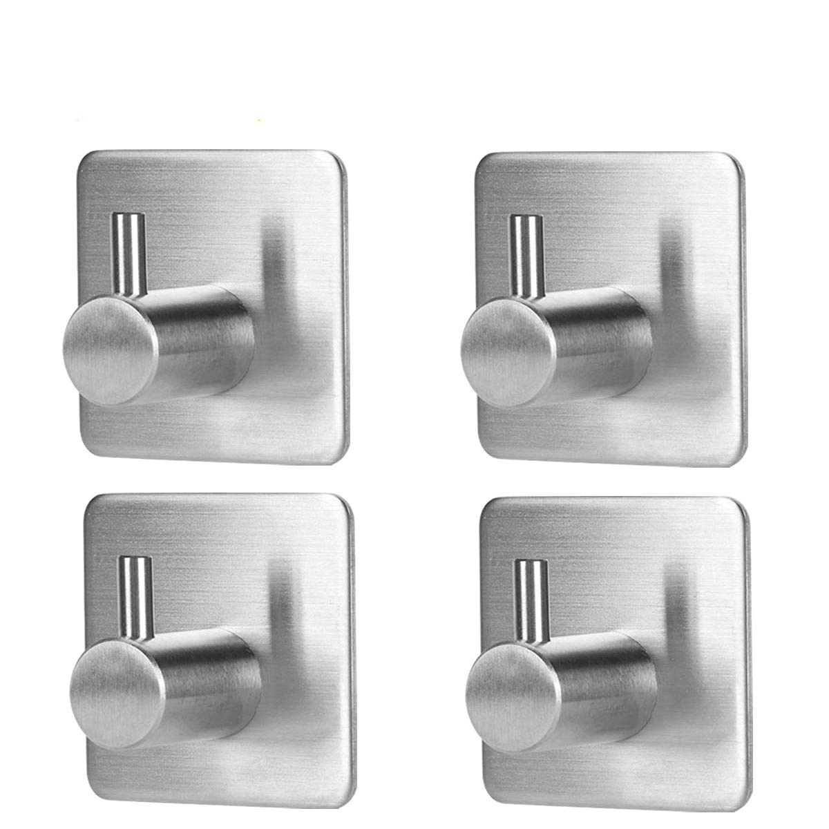 SUSHJA Self Adhesive Stainless Steel Hooks with Extra 3M Stickers, Waterproof & No Drill Glue Needed for Kitchen/Bathrooms/Office/Closet/Cabinet-Pack of 4, Grey, B