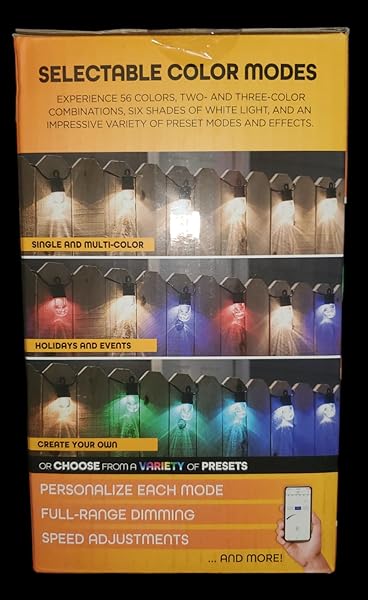 ECO SCAPES CAFE LIGHTS CLASSIC COLOR CHANGING STRING LIGHTS, 24FT BLACK CORD, 12 BULBS SHATTERPROOF ACRYLIC BULBS, WEATHERPROOF, WI-FI DIMMABLE RGB LED, OUTDOOR STRING LIGHTS 62 COLORS, 74748