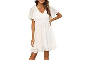 Annebouti Women's 2024 Summer Spring Flowy Smocked Dress Short/Long Sleeve Ruffle Hem Swiss Dot V Neck Mini Dress