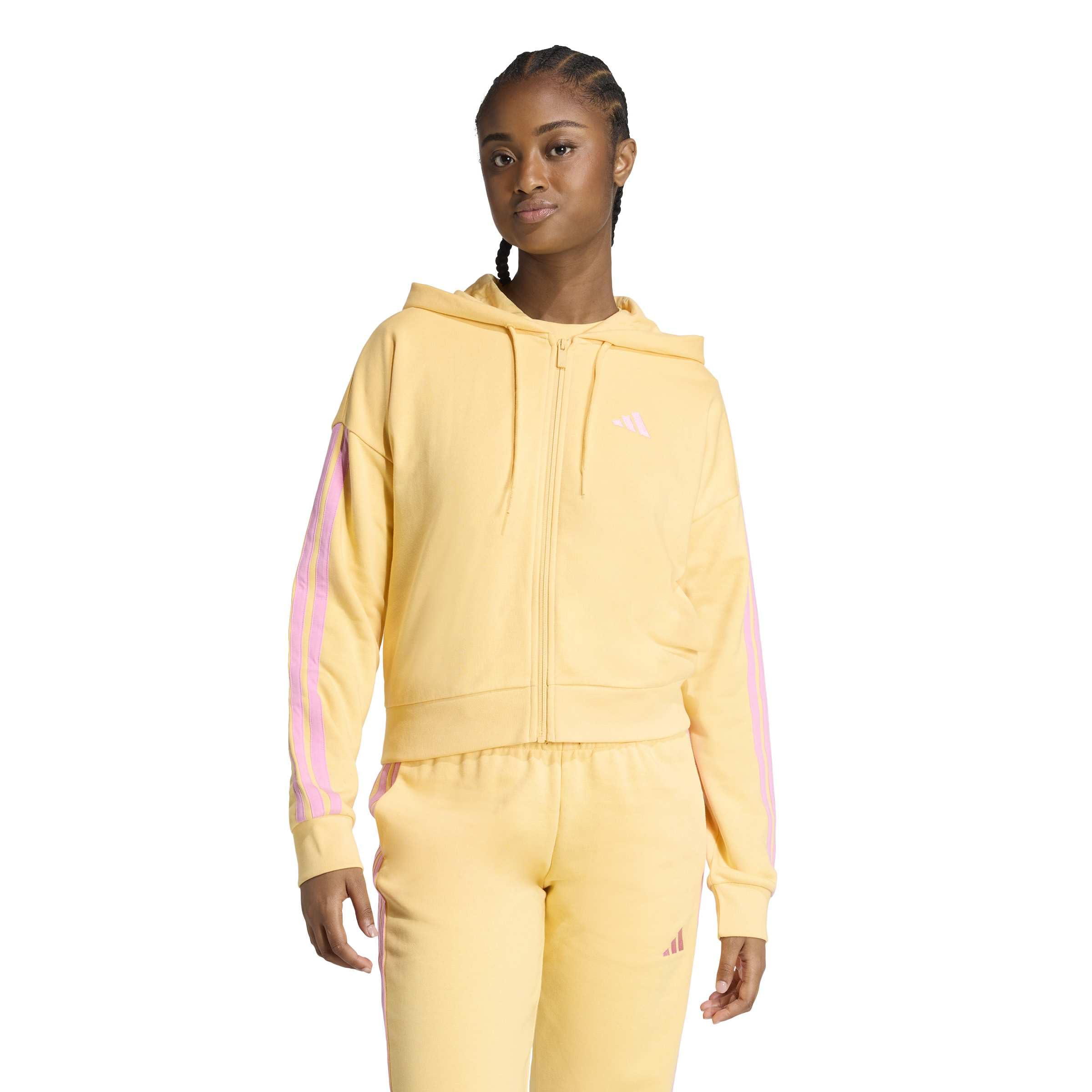 adidas Women’s Essentials 3-Stripes French Terry Full-Zip Hooded Track Top, Semi Ice Tangerine/St Tropic Bloom, Medium