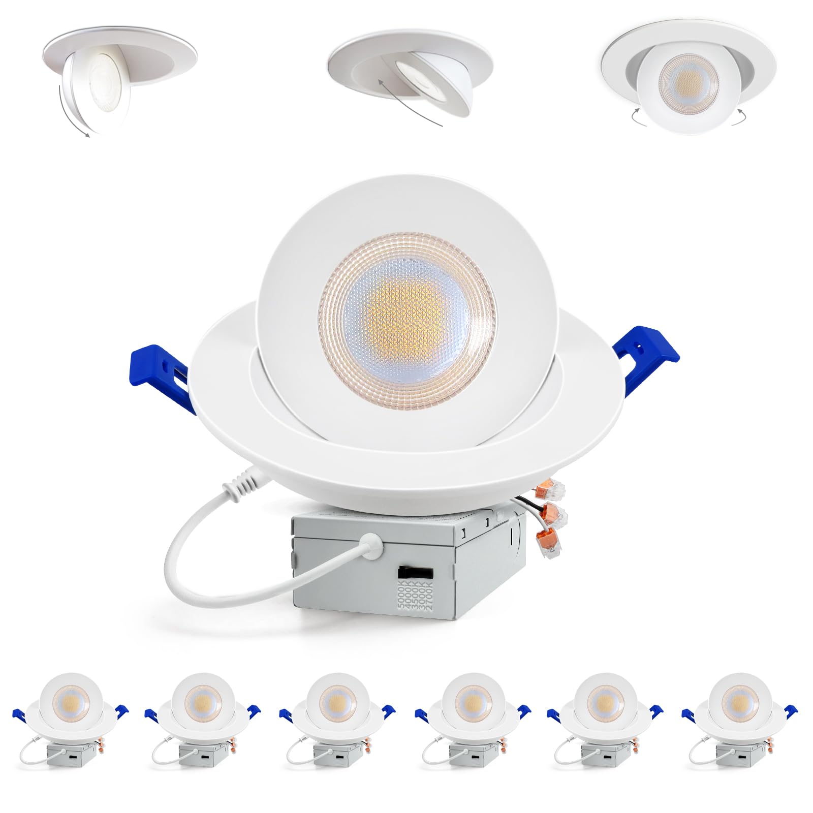 Photo 1 of Adetu 5CCT Gimbal Led Recessed Lighting 6 inch, 360°+90° Adjustable Directional 6 inch Led Recessed Light, 2700K-5000K Dimmable Eyeball Canless Downlight with Jbox, ET (White, 6 Pack)