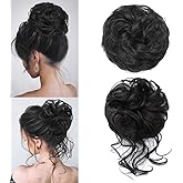 YOLANFAIRY 2PCS Messy Bun Hair Piece Wavy Curly Tousled Updo Hair Buns Synthetic Chignon Elastic Hair Band Fake Bun Hair Pieces for Women (Natural Black, 2PCS Diverse)