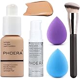 5PCS Liquid PHOERA Foundation Makeup Set Matte Liquid Full Coverage Oil Control Breathable Invisible Cover Concealer Foundation with Face Primer, Foundation Brush, Makeup Sponge (104 Buff Beige)