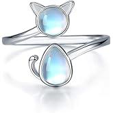 CHENGHONG Cat Ring 925 Sterling Silver Moonstone Ring Open Animal Rings Lucky Cat Jewelry Gifts for Women