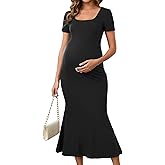 MARI GABRIEL Womens Maternity Dress Bodycon Fitted Stretchy Ribbed Mermaid Midi Summer Pregnancy Dresses for Wedding Guest