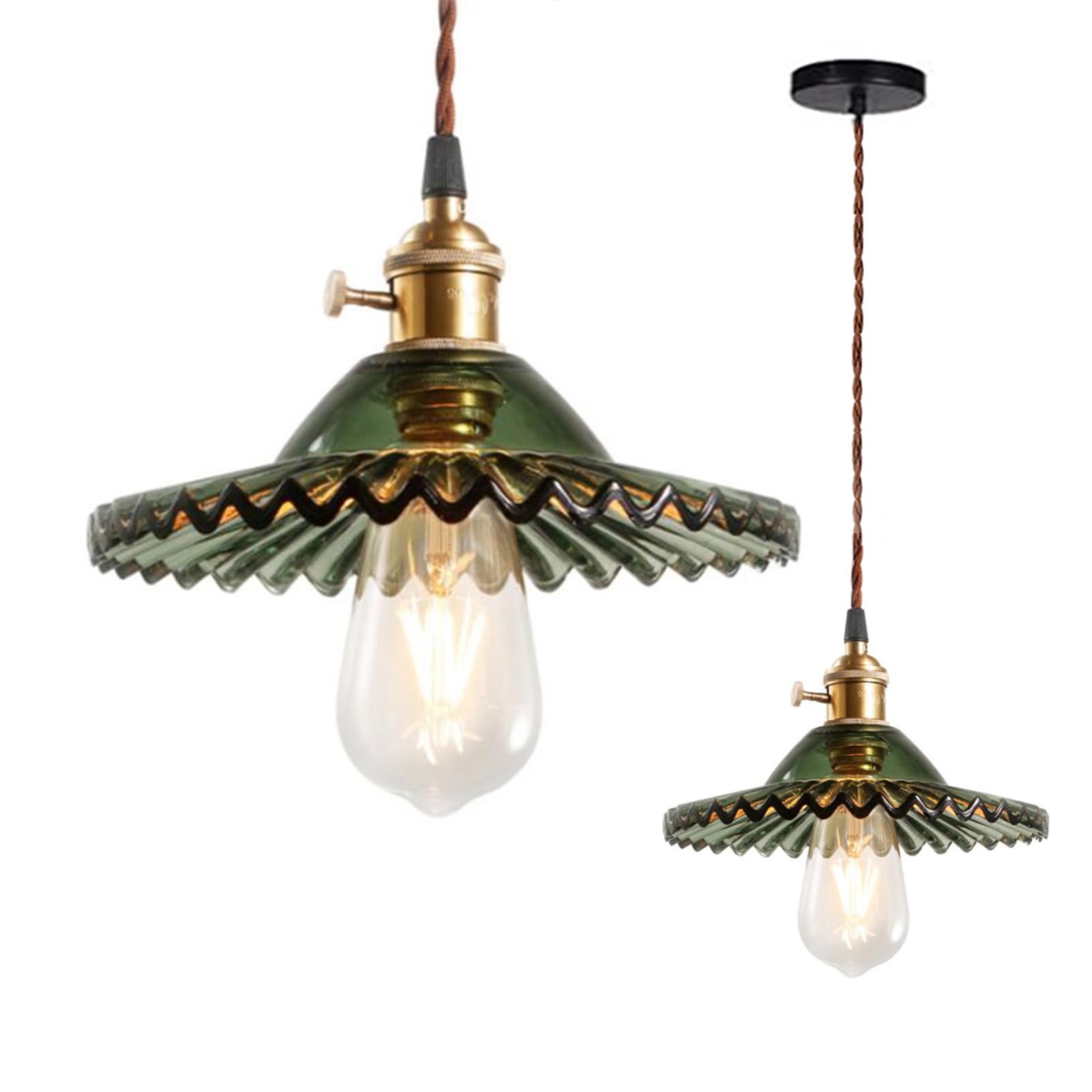 Chrasy Industrial Vintage Modern Edison Ceiling Pendant Light Fixture Decorative E27 Hanging Lighting with Brass Lamp Holder Glass Lamp Shade Loft Living Room Kitchen Chandelier (Green Color)