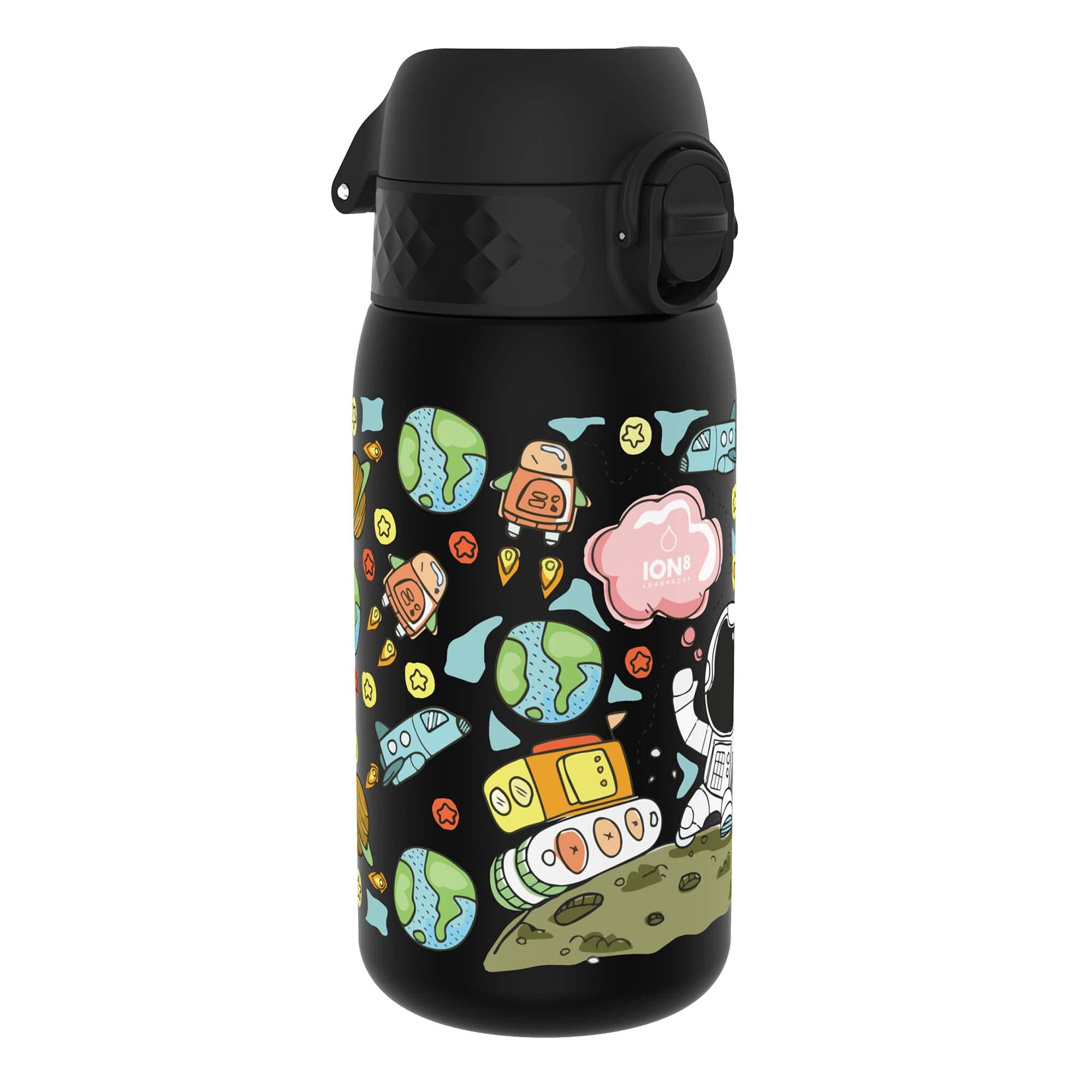 Ion8 Kids Water Bottle, 350 ml/12 oz, Leak Proof, Easy to Open, Secure Lock, Dishwasher Safe, BPA Free, Carry Handle, Hygienic Flip Cover, Easy Clean, Odour Free, Carbon Neutral, Space Man