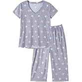 YIJIU Women's Short Sleeve Tops and Capri Pants Cute Cartoon Print Pajama Sets