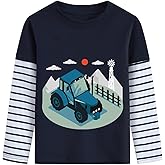 DDSOL Toddler Boy Long Sleeve Shirt Ball Dino Train Planet Excavator Stripe Long Sleeve Tops for Kids 2-7 Years