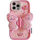HOFULK Silicone iPhone 13 Pro Max/12 Pro Max Case with Stand Cute Pink Butterfly Heavy Duty Protective Case Cover for iPhone 12 Pro Max/13 Pro Max Women Girls Girly Cool Funny Kawaii 3D Phone Cases