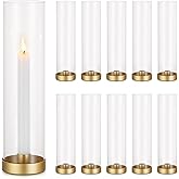 Romadedi Glass Hurricane Candle Holders Gold - 12 Inch Taper Candlestick Holder Bulk Clear Glass Cylinder Table Centerpiece Wedding Decor Party Birthday Christmas Home Decorations, Set of 10