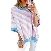 Tankaneo Womens Oversized T Shirts Striped Color Block Cotton Tops Summer Casual Half Sleeve Loose Fit Crewneck Sweatshirts